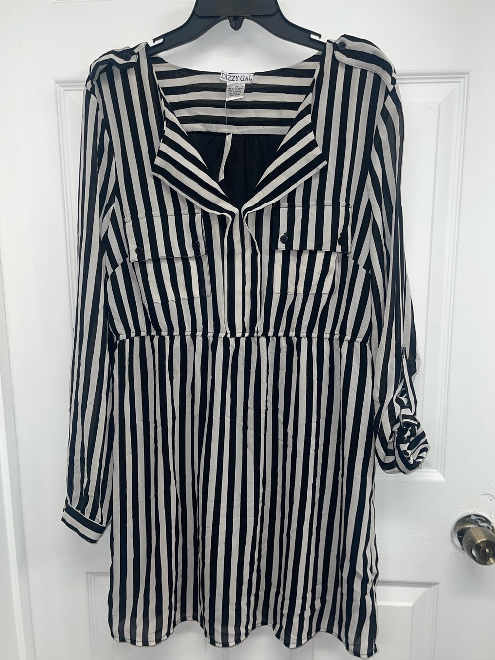 Dizzy Gal Black & White Vertical Stripe Long Sleeve Dress